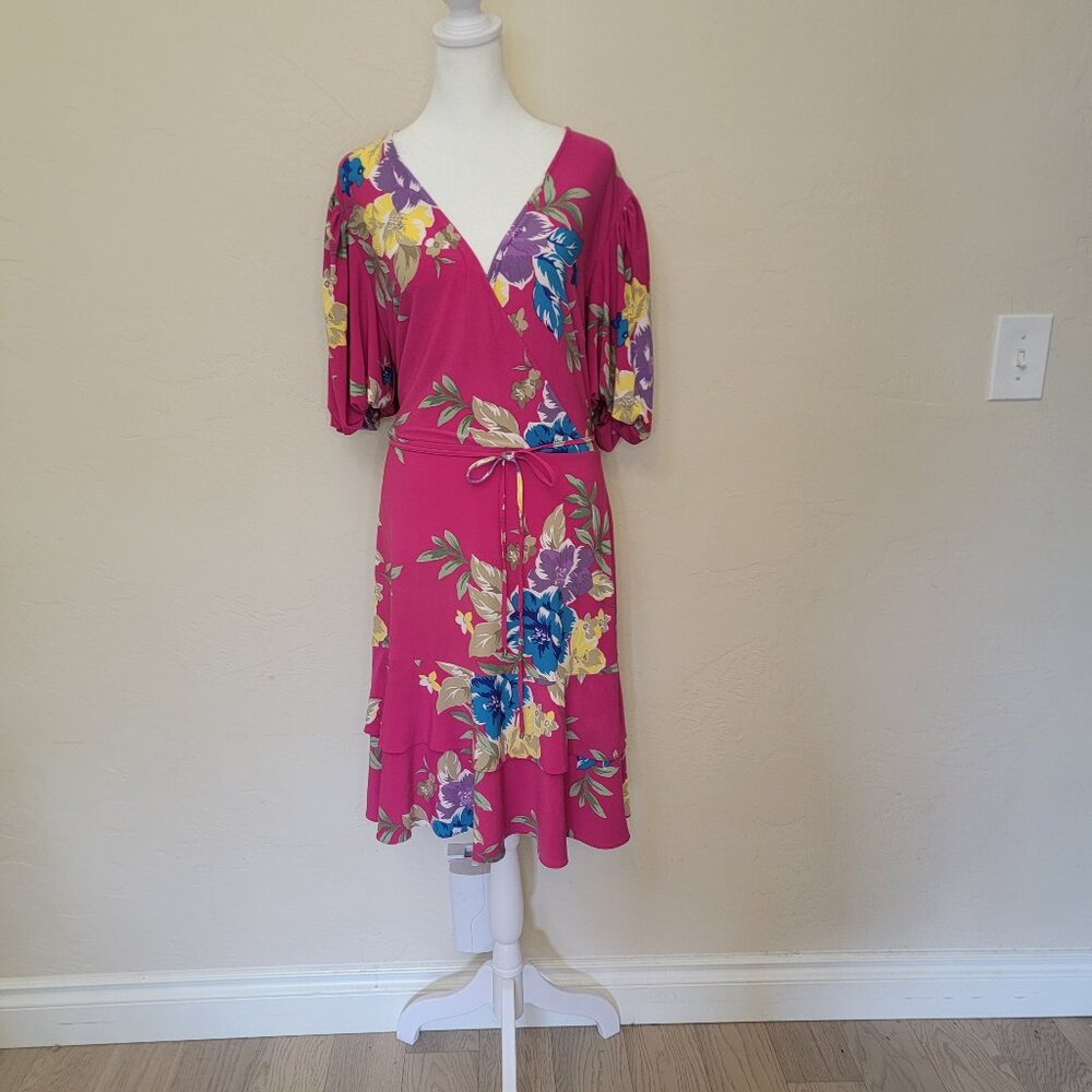 Ralph Lauren Pink Floral V-Neck Dress, Size 14, Summer Mini NWT